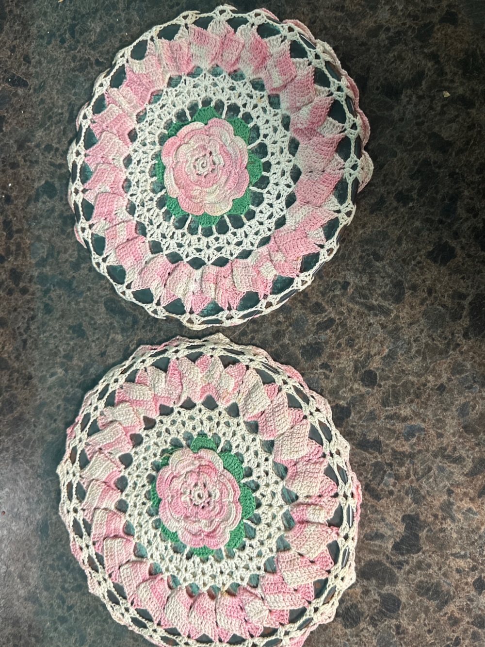 Set of 2 Handmade Pink and Cream Floral Crochet Doily Protex table mat Hot Pads
